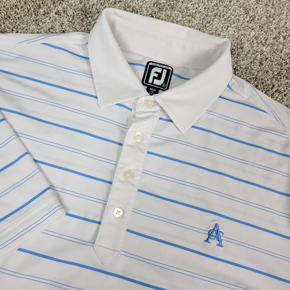 FootJoy Athletic Fit Mens XL White Blue Striped Performance Stretch Golf Polo SS